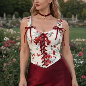 bustier corset blanc floral rouge avec laçage rouge femme élégante jupe satin bordeaux jardin du luxembourg paris
