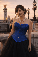 corset bleu cobalt brocart floral femme 45 ans jupe tulle noir pont alexandre III paris golden hour