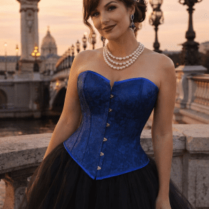corset bleu cobalt brocart floral femme 45 ans jupe tulle noir pont alexandre III paris golden hour