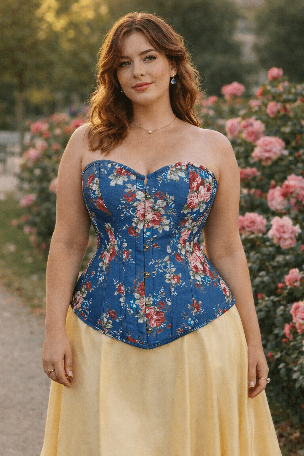 corset bleu floral vintage grande taille porté femme jupe satinée jaune jardin du luxembourg paris silhouette élégante