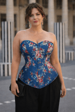 corset bleu floral vintage grande taille porté femme palais royal paris pantalon palazzo noir silhouette élégante