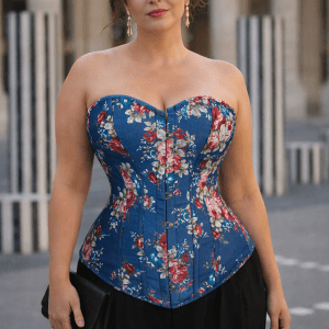 corset bleu floral vintage grande taille porté femme palais royal paris pantalon palazzo noir silhouette élégante