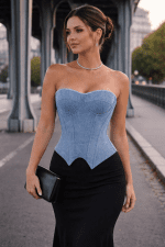 corset bleu jean asymétrique femme jupe noire pont bir hakeim paris silhouette structurée élégante