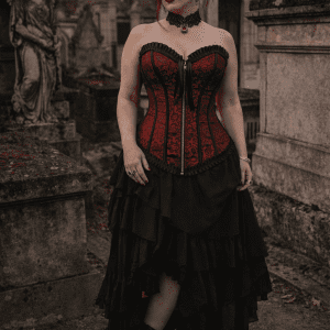 corset brocart rouge floral avec finitions noires porté avec jupe longue asymétrique noire au cimetière du père lachaise style gothique romantique éditorial