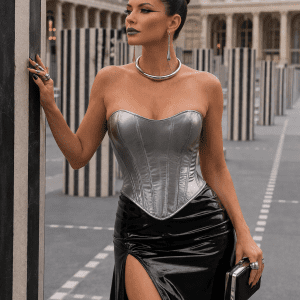 corset bustier gothique gris metallise femme 45 ans palais royal colonnes buren paris jupe pvc noire fente haute look moderne