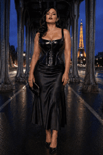 Corset bustier latex noir gothique porté avec jupe satin noire au Pont Bir-Hakeim à Paris avec la tour Eiffel illuminée