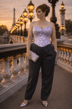bustier corset lavande à paillettes scintillantes porté avec pantalon tailleur gris anthracite au pont alexandre III à paris lumière dorée style éditorial