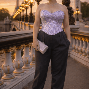 bustier corset lavande à paillettes scintillantes porté avec pantalon tailleur gris anthracite au pont alexandre III à paris lumière dorée style éditorial
