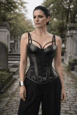corset bustier noir gothique similicuir avec dentelle transparente porté par femme élégante au Père Lachaise