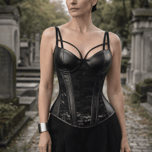 corset bustier noir gothique similicuir avec dentelle transparente porté par femme élégante au Père Lachaise