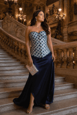 Corset camaïeu bleu vert style plumes de paon au Palais Garnier Paris, modèle femme XL avec jupe satin bleu nuit sur grand escalier