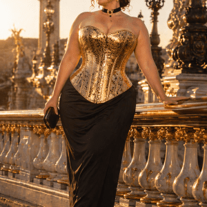 modèle grande taille 4xl portant un corset gothique doré effet serpent à 7 buscs au pont alexandre iii à paris golden hour, jupe longue noire taille haute et look victorien moderne