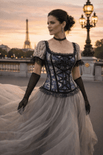 corset gothique romantique brocart bleu et argent avec manches bouffantes et dentelle porté sur le pont Alexandre III à Paris