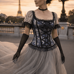 corset gothique romantique brocart bleu et argent avec manches bouffantes et dentelle porté sur le pont Alexandre III à Paris