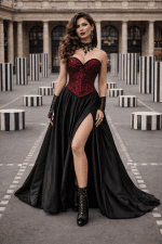 corset gothique romantique rouge rubis en dentelle porté avec jupe longue satin noir fendue au palais royal colonnes de buren paris look haute couture femme 45 ans