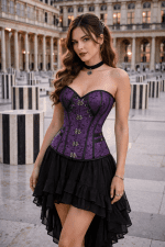 Corset gothique violet en brocart porté au Palais Royal avec colonnes de Buren silhouette élégante