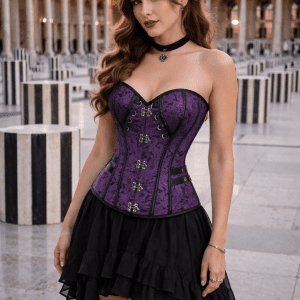 Corset gothique violet en brocart porté au Palais Royal avec colonnes de Buren silhouette élégante