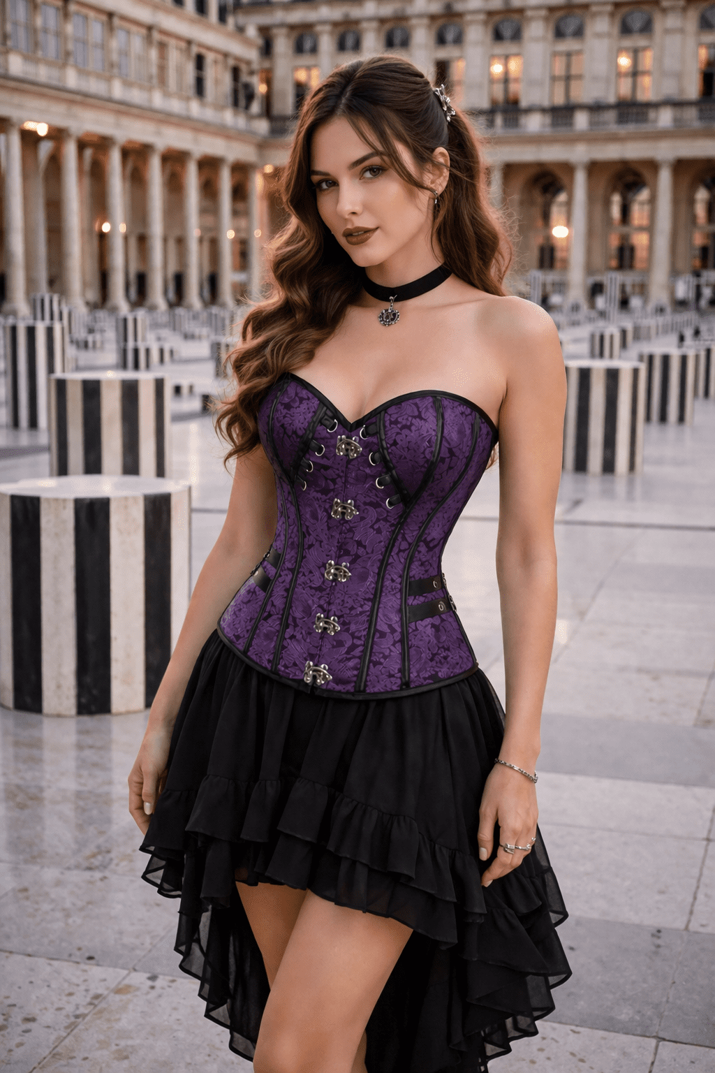 Corset gothique violet en brocart porté au Palais Royal avec colonnes de Buren silhouette élégante