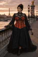 corset grande taille neo victorien orange et noir avec jupe longue brocart noir au pont alexandre III paris lumiere doree