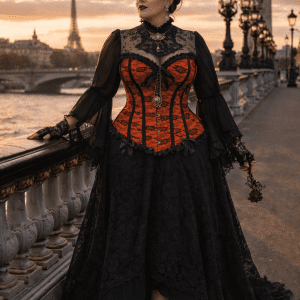 corset grande taille neo victorien orange et noir avec jupe longue brocart noir au pont alexandre III paris lumiere doree
