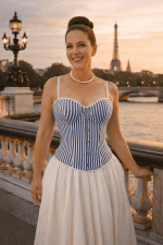 corset mariniere bleu blanc femme avec jupe plissée blanche bord de Seine Paris tour Eiffel coucher de soleil