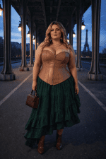 Corset similicuir marron tabac porté par femme taille XXL au Pont Bir-Hakeim à Paris, jupe verte à volants, style steampunk chic à l’heure bleue