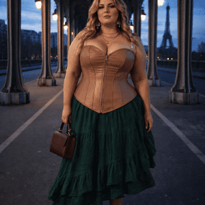 Corset similicuir marron tabac porté par femme taille XXL au Pont Bir-Hakeim à Paris, jupe verte à volants, style steampunk chic à l’heure bleue