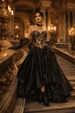corset néo victorien doré et noir en brocart porté avec jupe longue satin noir au palais garnier grand escalier paris look haute couture femme 45 ans