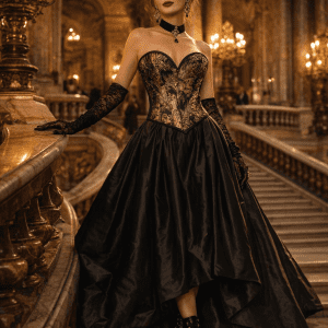corset néo victorien doré et noir en brocart porté avec jupe longue satin noir au palais garnier grand escalier paris look haute couture femme 45 ans