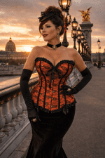 corset neo victorien orange et noir en dentelle avec jupe sirene velours noir porte au pont alexandre III paris lumiere doree
