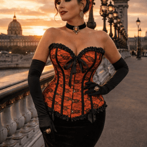 corset neo victorien orange et noir en dentelle avec jupe sirene velours noir porte au pont alexandre III paris lumiere doree