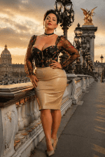 corset noir brodé fleurs manches transparentes porté avec jupe crayon similicuir beige au pont alexandre III à paris lumière dorée