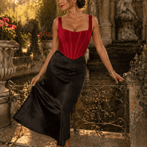 Corset rouge à bretelles porté avec jupe satin noire au Jardin du Luxembourg devant la fontaine Médicis à Paris à l’heure dorée