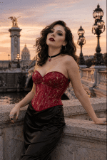corset rouge gothique broderie doree femme jupe satin noire pont alexandre III paris golden hour style gothique chic