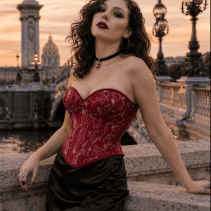 corset rouge gothique broderie doree femme jupe satin noire pont alexandre III paris golden hour style gothique chic