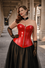 corset rouge effet latex brillant sans bretelles avec fermeture zip porté avec jupe satin noir au palais royal paris