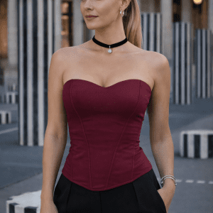 bustier corset rouge prune structuré femme élégante pantalon tailleur noir palais royal paris colonnes buren