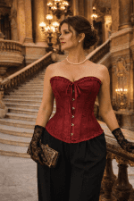 corset rouge vin brocart ton sur ton style neo victorien palais garnier pantalon tailleur noir taille haute