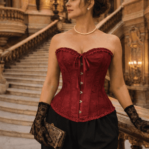 corset rouge vin brocart ton sur ton style neo victorien palais garnier pantalon tailleur noir taille haute