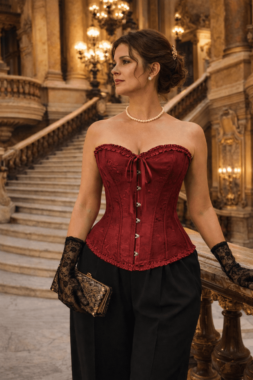 corset rouge vin brocart ton sur ton style neo victorien palais garnier pantalon tailleur noir taille haute