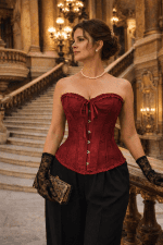 corset rouge vin neo victorien en brocart floral ton sur ton sans bretelles porté avec pantalon tailleur noir au palais garnier paris