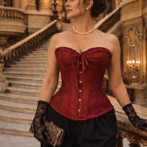 corset rouge vin neo victorien en brocart floral ton sur ton sans bretelles porté avec pantalon tailleur noir au palais garnier paris