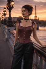 corset similicuir bordeaux à bretelles larges nouées porté avec pantalon noir taille haute sur le pont alexandre III au coucher de soleil