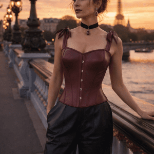 corset similicuir bordeaux à bretelles larges nouées porté avec pantalon noir taille haute sur le pont alexandre III au coucher de soleil