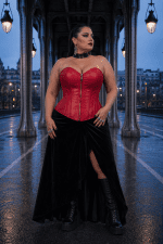 Corset rouge gothique moderne en similicuir avec zip porté en grande taille au pont Bir-Hakeim à Paris à l’heure bleue