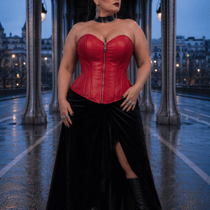 Corset rouge gothique moderne en similicuir avec zip porté en grande taille au pont Bir-Hakeim à Paris à l’heure bleue