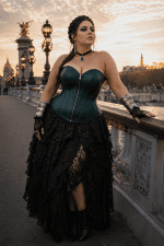 Corset vert canard en similicuir avec zip porté en grande taille au pont Alexandre III à Paris au coucher du soleil