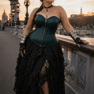 Corset vert canard en similicuir avec zip porté en grande taille au pont Alexandre III à Paris au coucher du soleil