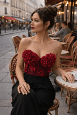corset soutien-gorge jean rouge bordeaux fleurs 3d femme 35 ans cafe parisien terrasse pantalon palazzo noir look chic
