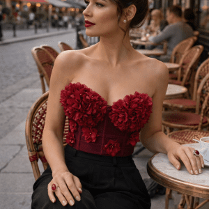 corset soutien-gorge jean rouge bordeaux fleurs 3d femme 35 ans cafe parisien terrasse pantalon palazzo noir look chic